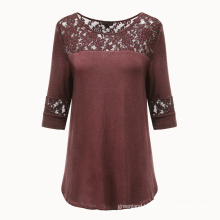 women snow washed burgundy lace soft tunic garment washed knit rayon top lace cuff dip dye slinky comfortable lace blouse